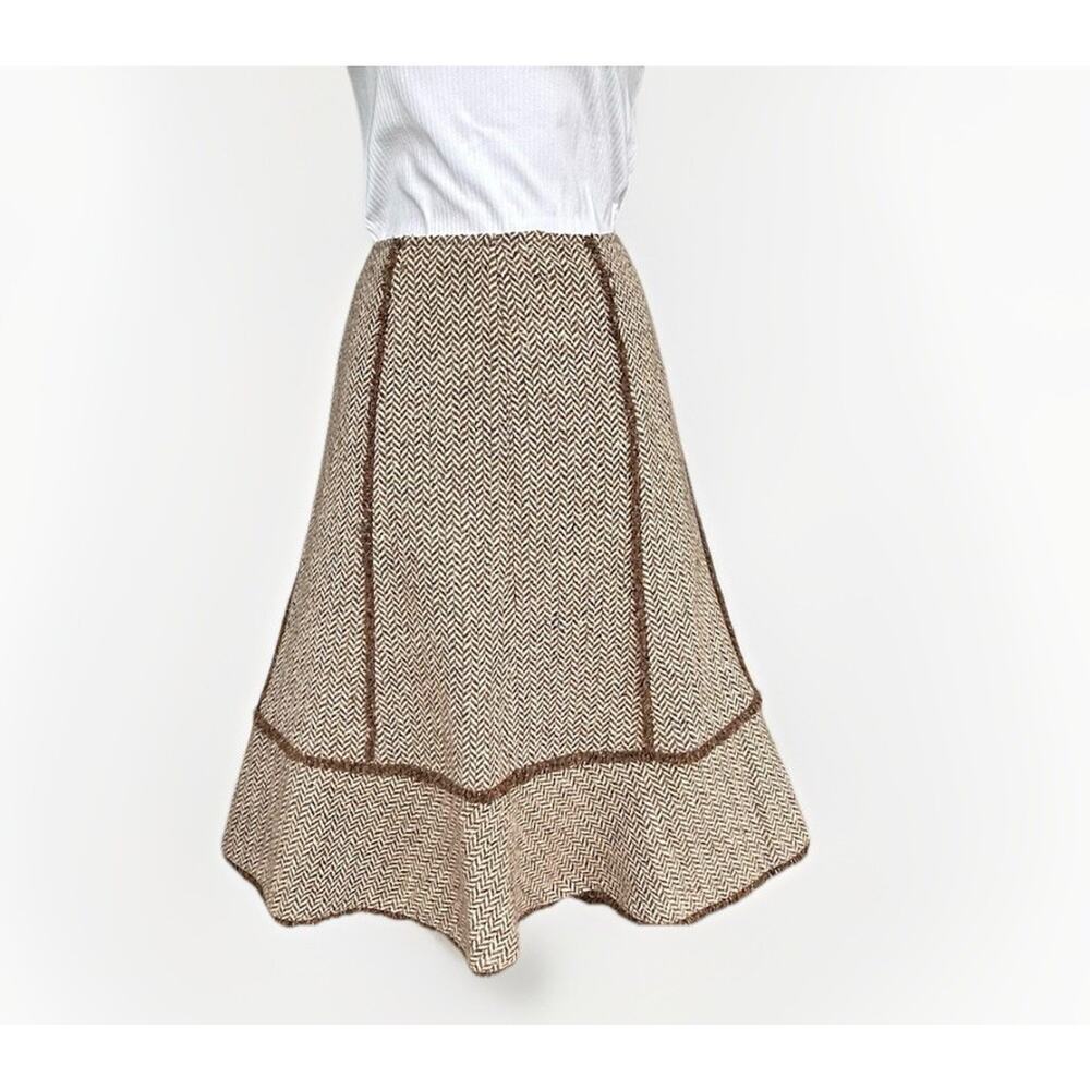 Vintage Style Loft Brown Silk/Wool Herringbone Tulip Skirt Size 4 Petite Fringe